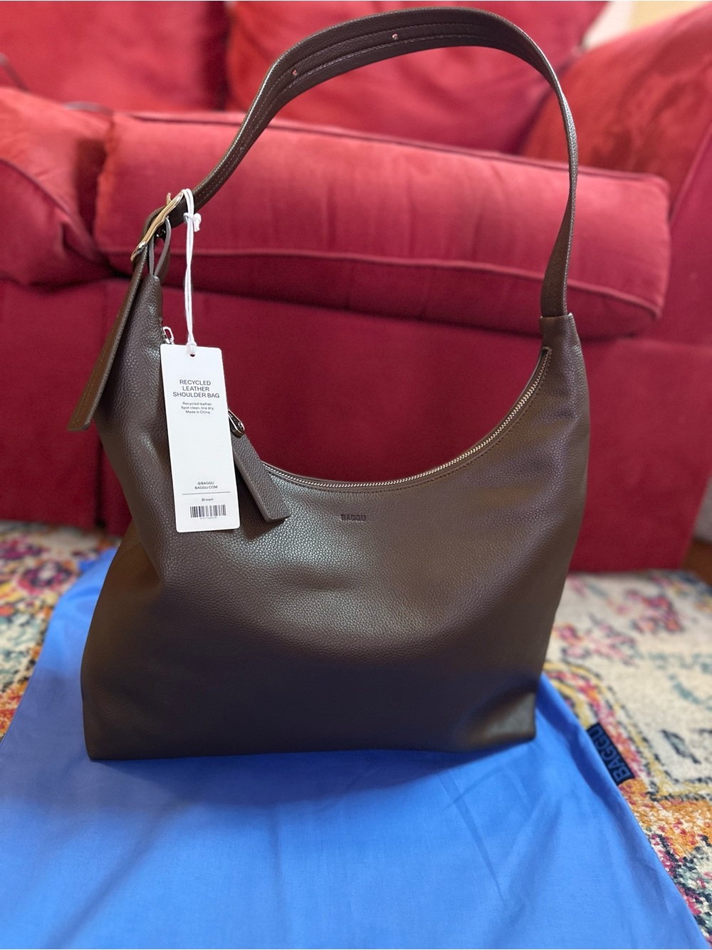 BAGGU Chocolate Brown Recycled Leather Shoulder Hobo - Picture 2 of 12